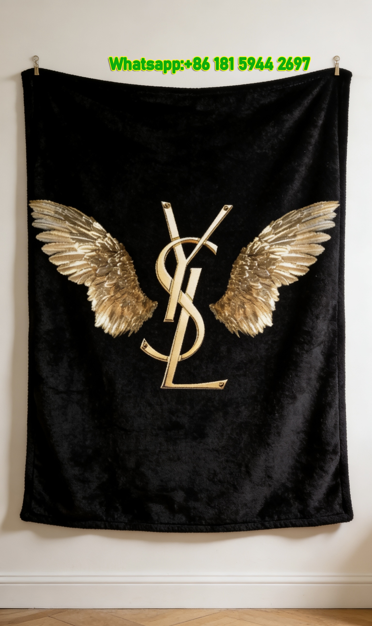 Yves Saint Laurent YSL Black and Gold Winged Logo Print Flannel Throw Blanket IMG_3272
